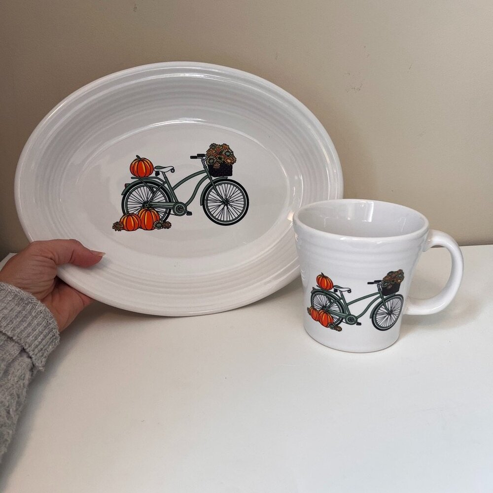 Fiesta Fall Scene Pumpkins, Flowers, and Bicycle Bike Fiestaware Platter and Mug